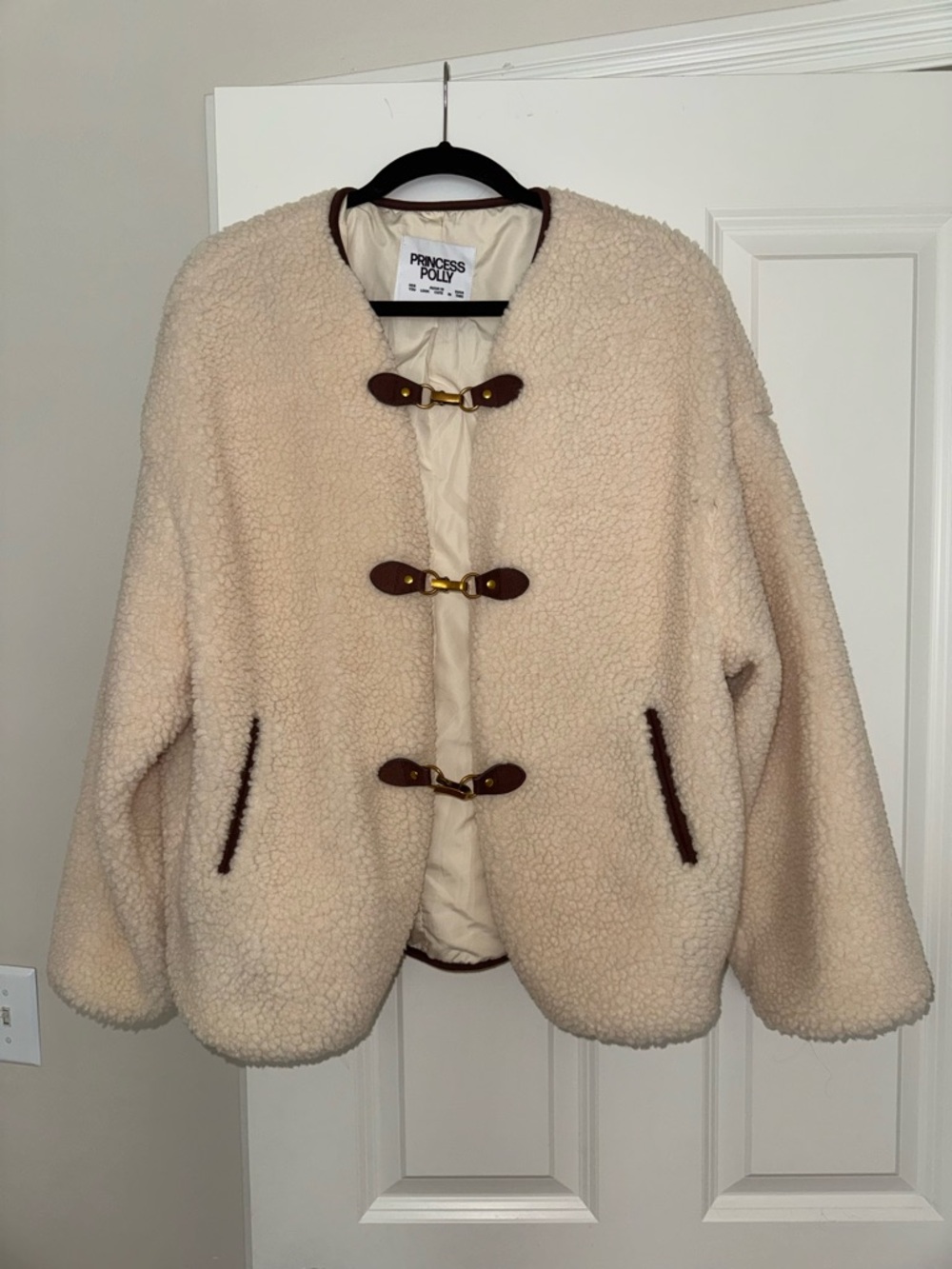 Princess Polly Cream Teddy Sherpa Jacket with Brown Trim & Toggle Closures